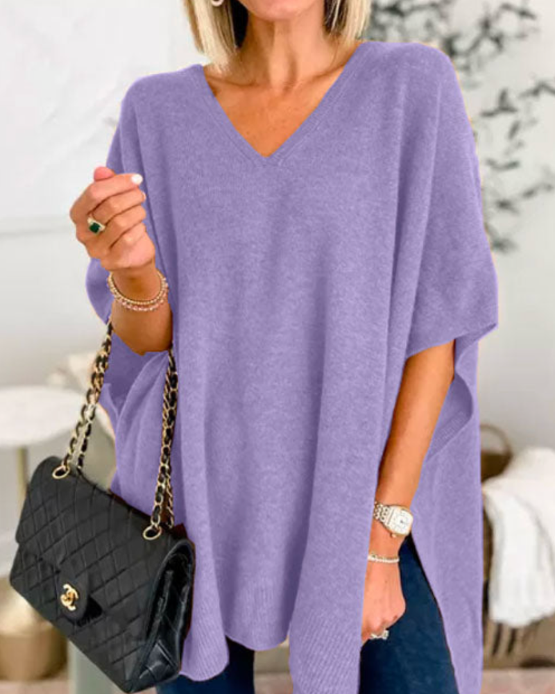 Poncho Donna Maglia Lana Scollo a V Taglio Largo