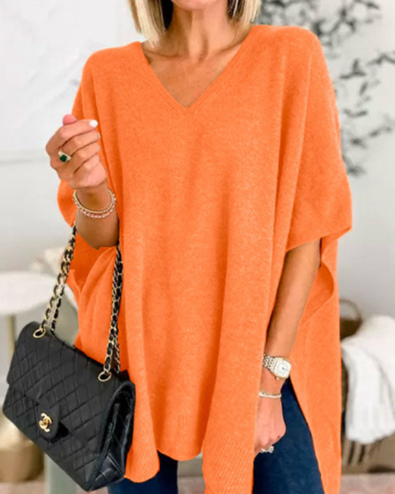 Poncho Donna Maglia Lana Scollo a V Taglio Largo