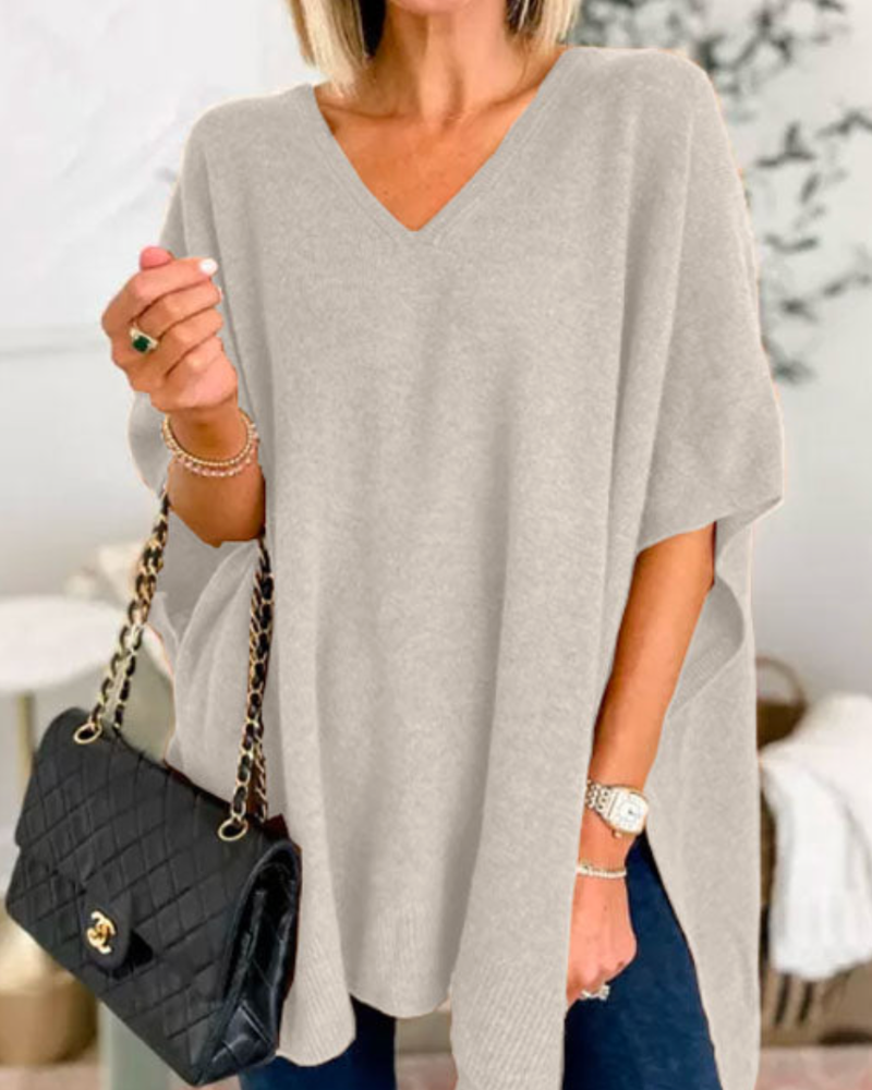 Poncho Donna Maglia Lana Scollo a V Taglio Largo