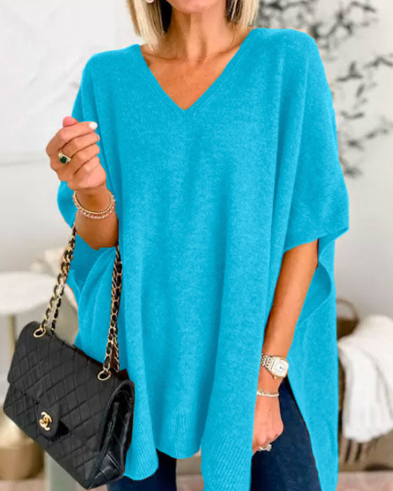 Poncho Donna Maglia Lana Scollo a V Taglio Largo