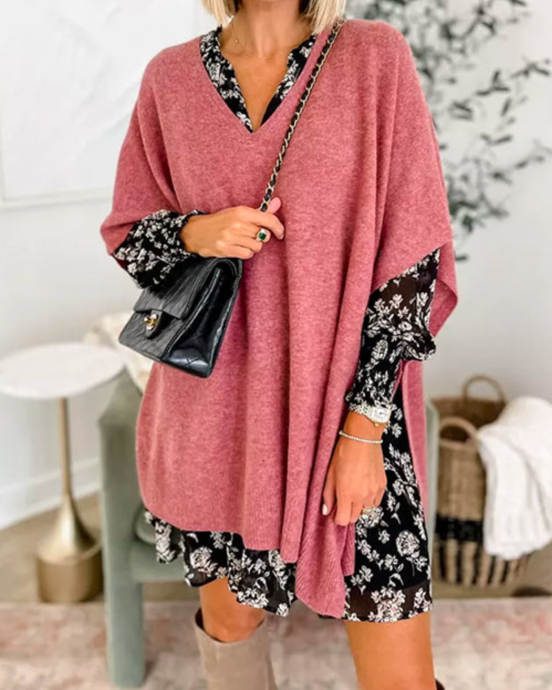 Poncho Donna Maglia Lana Scollo a V Taglio Largo