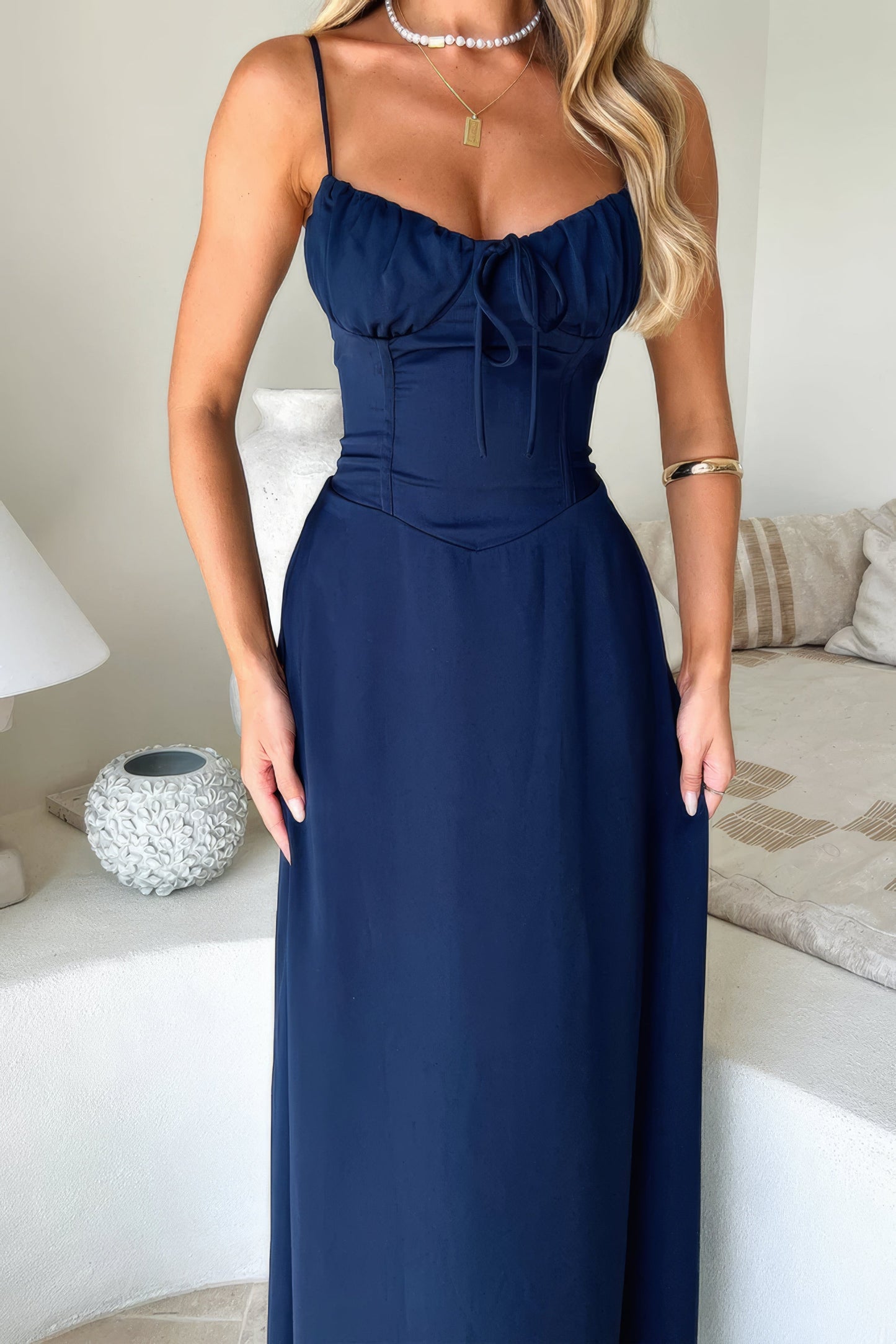 Abito Maxi Donna Elegante Scollo Largo Manica Lunga