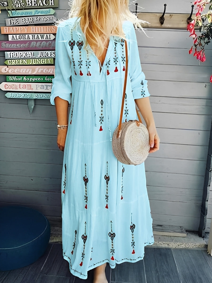 Abito Boho Donna in Jeans Scollo a V Floreale