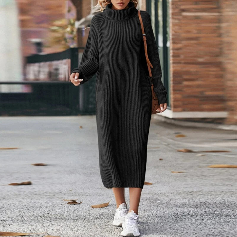 Abito Midi Donna Maglia Manica Lunga Collo Alto