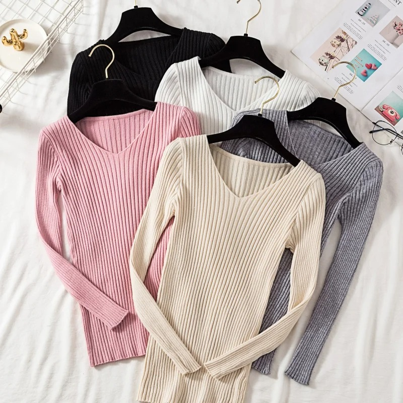 Maglione Donna Scollo a V Coste Vestibilità Slim