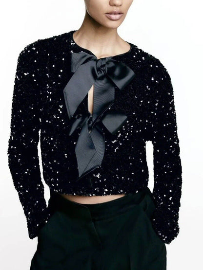 Giacca Donna con Paillettes e Chiusura a Fiocco Elegante