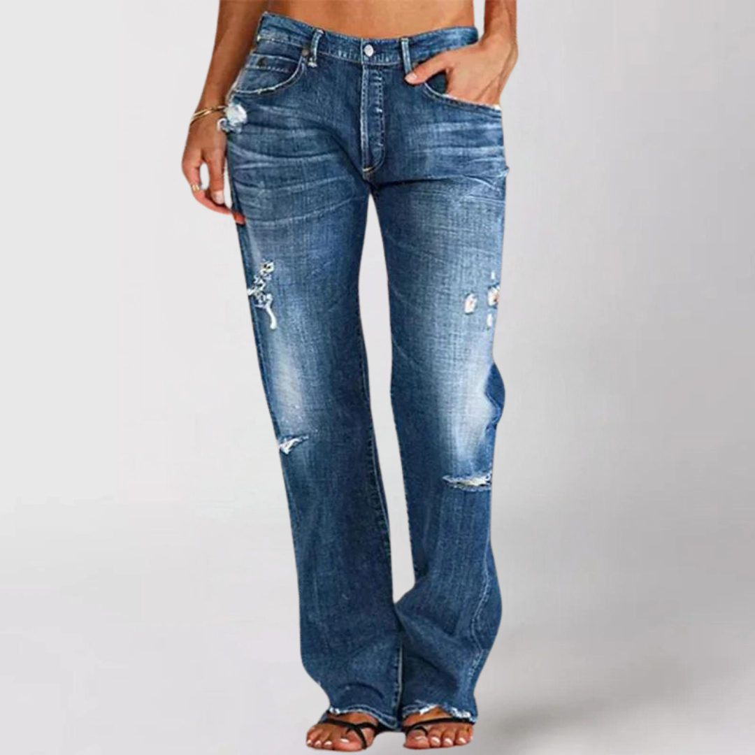 Jeans Donna Vita Alta Strappati Taglio Dritto