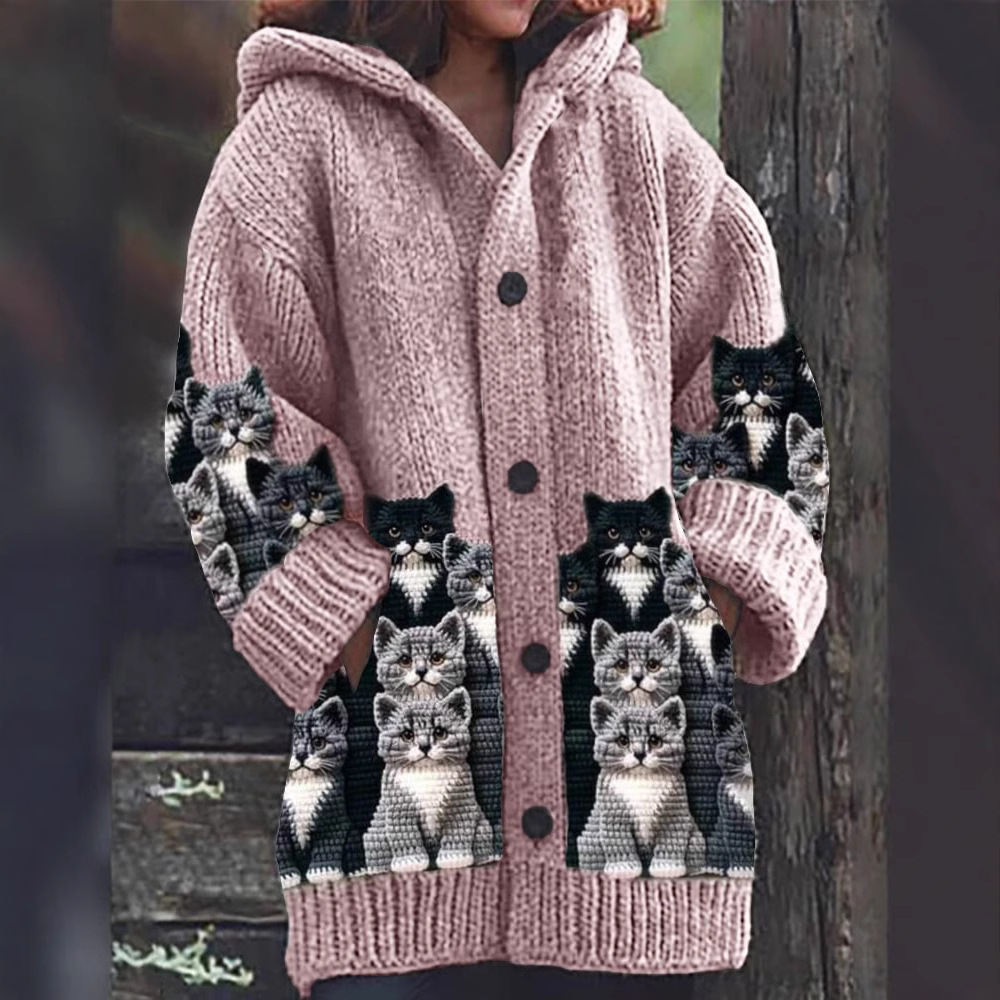 Cardigan Donna con Cappuccio Motivo Gatto