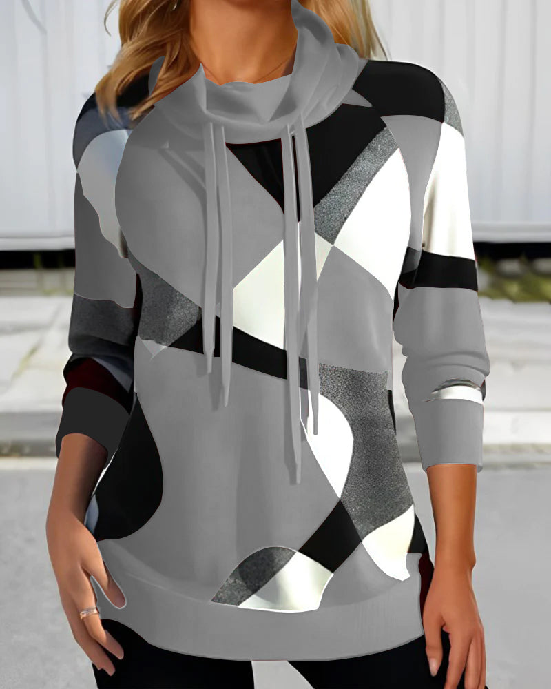 Maglione Donna con Stampa Geometrica e Collo a Sciarpa