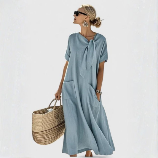Abito Midi Donna Tasche Scollo con Laccio Vestibilità Larga - Brentozzi