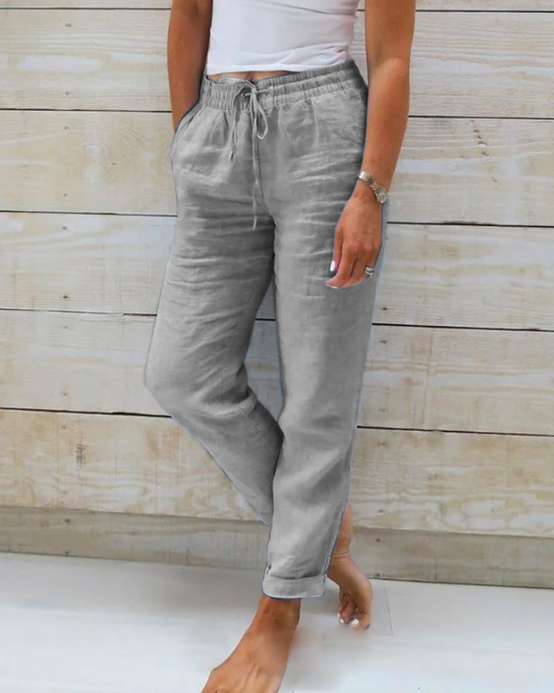 Pantaloni Lino Donna con Coulisse Vita Elasticizzata