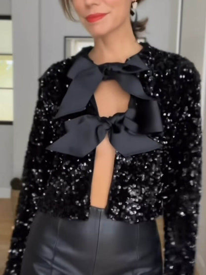 Giacca Donna con Paillettes e Chiusura a Fiocco Elegante