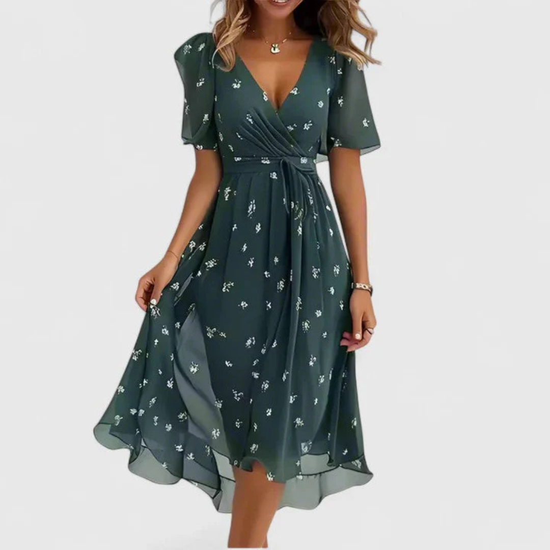 Abito Midi Donna con Scollo a V e Stampa Floreale