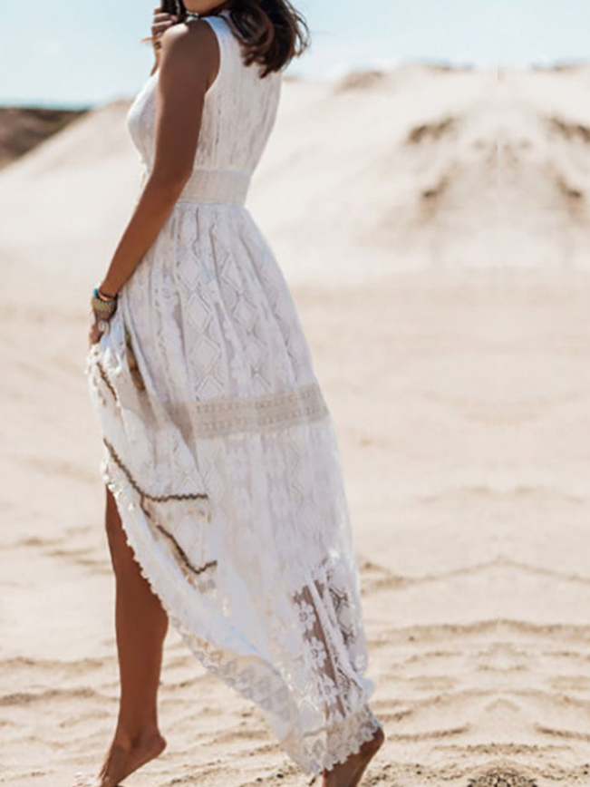 Abito Maxidress Donna Boho Scollo a V Pizzo