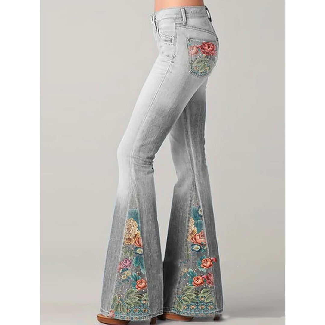 Jeans Donna con Ricamo Floreale Gamba Svasata