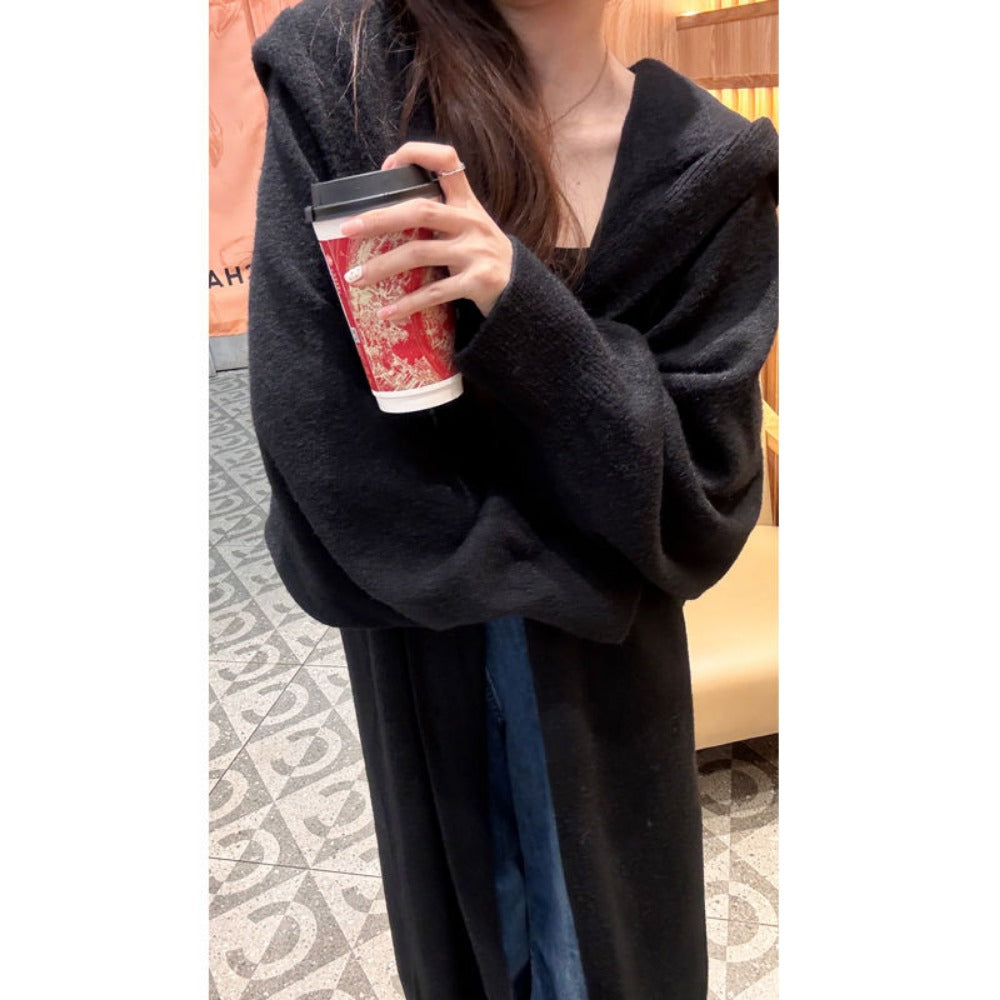 Cardigan Lungo Donna in Maglia con Cappuccio