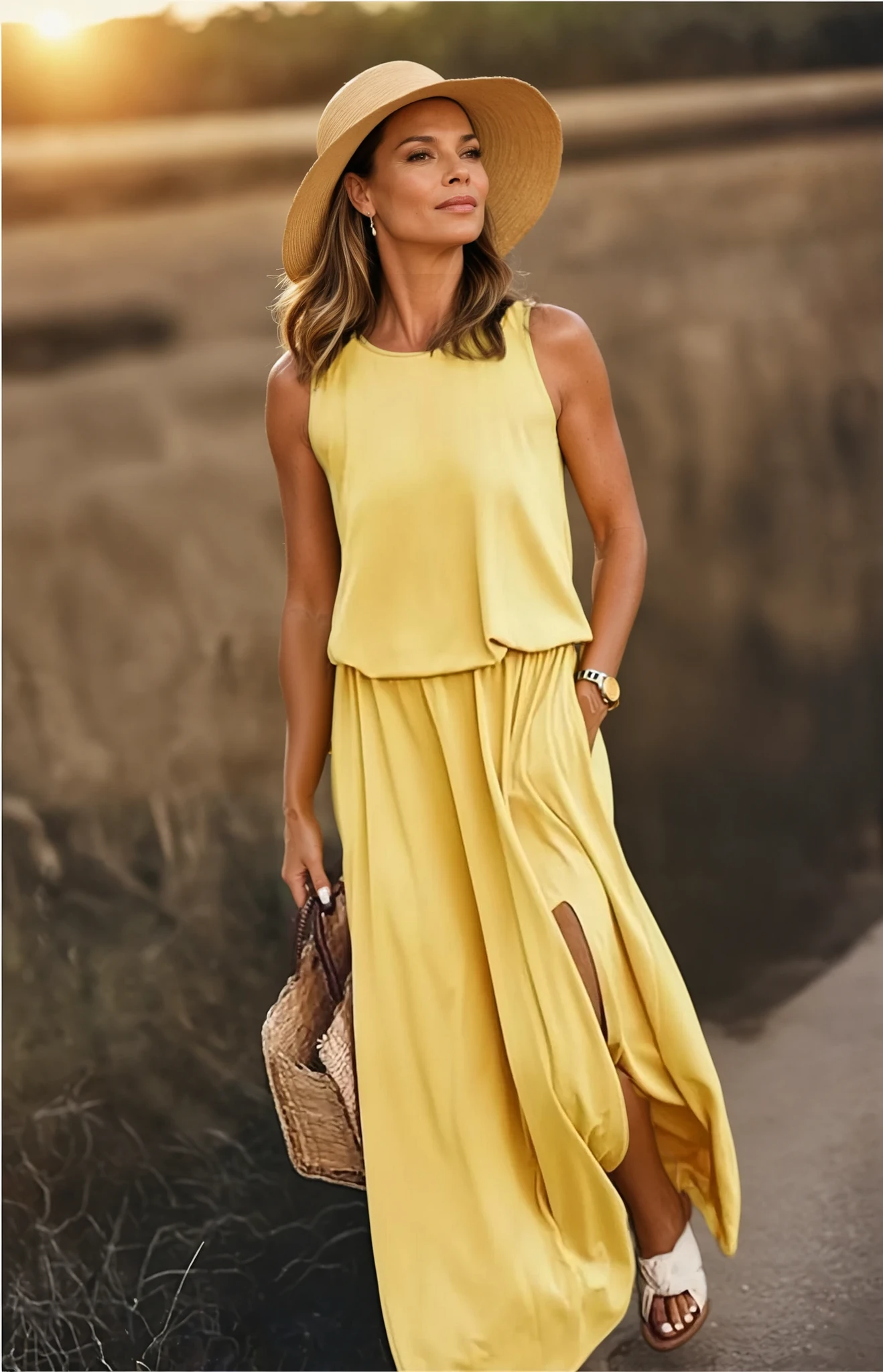 Abito Maxi Donna Estivo Smanicato con Spacco Laterale