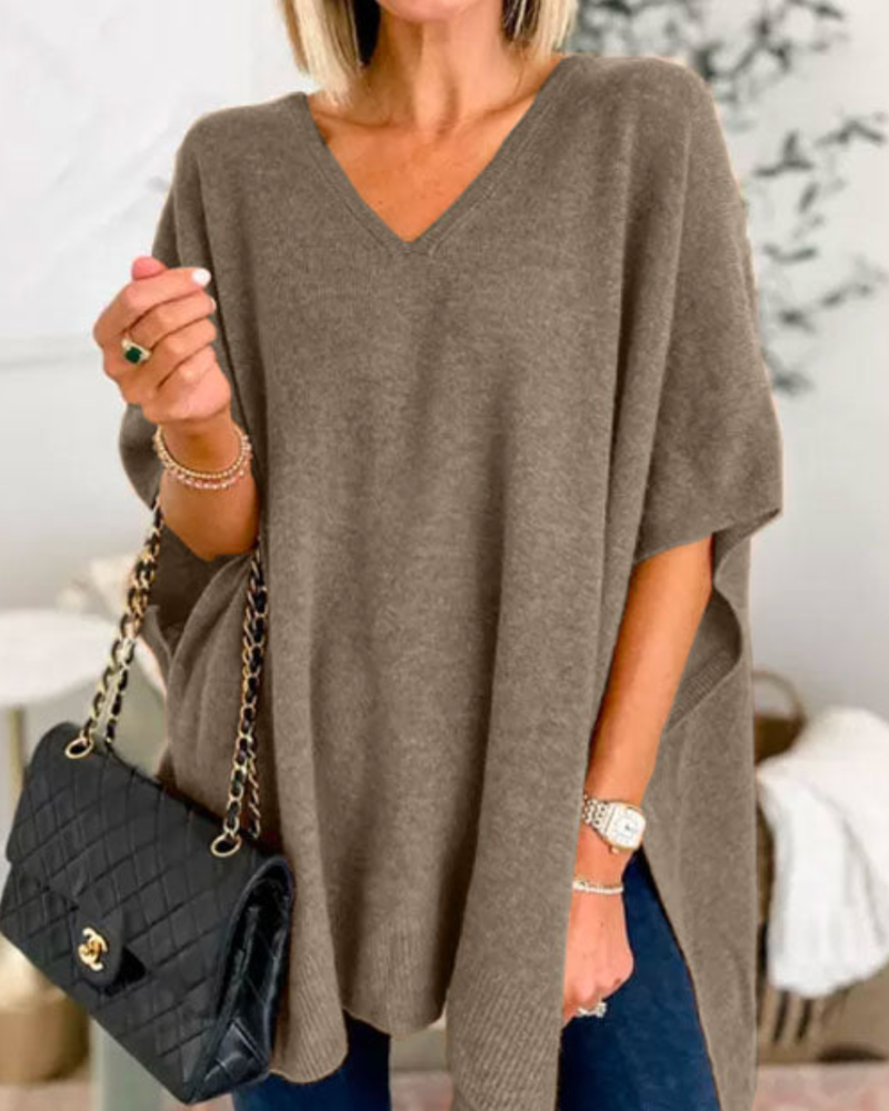 Poncho Donna Maglia Lana Scollo a V Taglio Largo