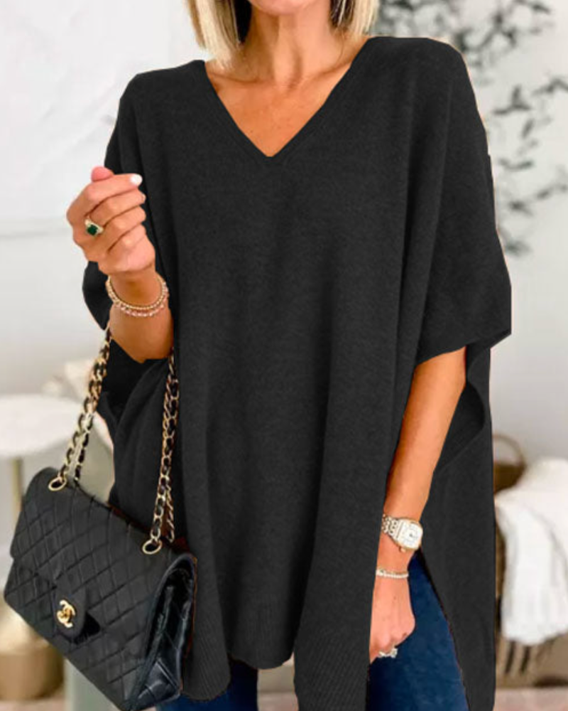 Poncho Donna Maglia Lana Scollo a V Taglio Largo