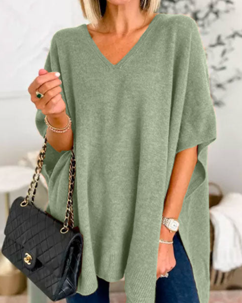 Poncho Donna Maglia Lana Scollo a V Taglio Largo