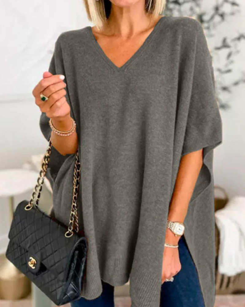 Poncho Donna Maglia Lana Scollo a V Taglio Largo