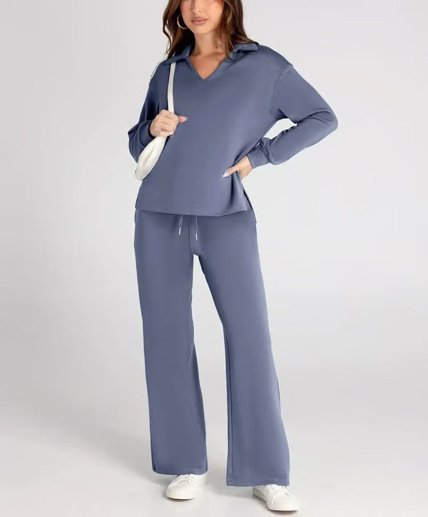 Completo Donna Maglione Scollo a V e Pantaloni Larghi Comodo Autunno