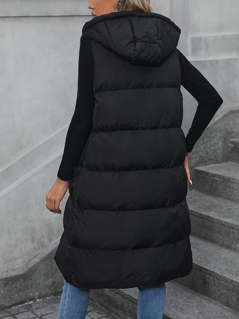 Gilet Lungo Donna con Cappuccio e Chiusura Zip