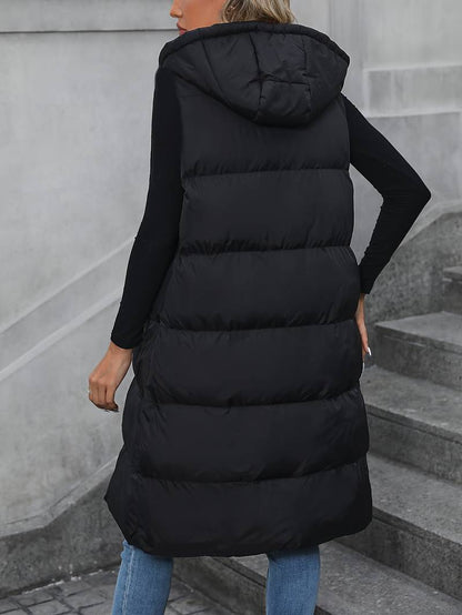 Gilet Lungo Donna con Cappuccio e Chiusura Zip