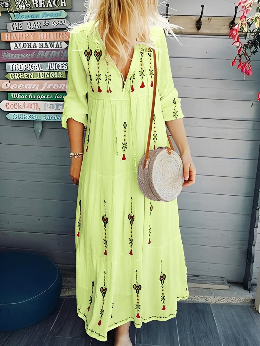 Abito Boho Donna in Jeans Scollo a V Floreale - Brentozzi