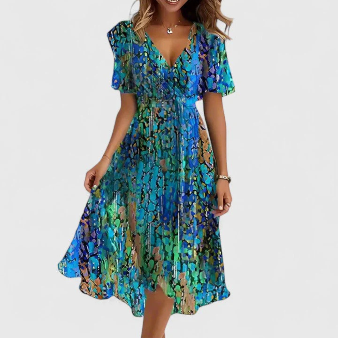 Abito Midi Donna con Scollo a V e Stampa Floreale