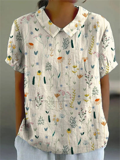 Blusa Donna Fantasia Floreale Manica Corta con Colletto - Brentozzi