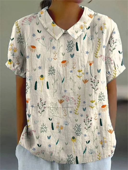 Blusa Donna Fantasia Floreale Manica Corta con Colletto - Brentozzi