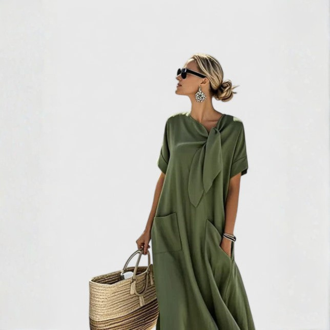 Abito Midi Donna Tasche Scollo con Laccio Vestibilità Larga