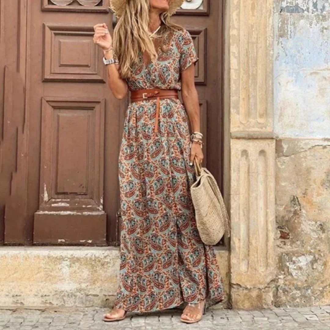 Abito Lungo Donna Stampa Floreale Scollo a V Boho