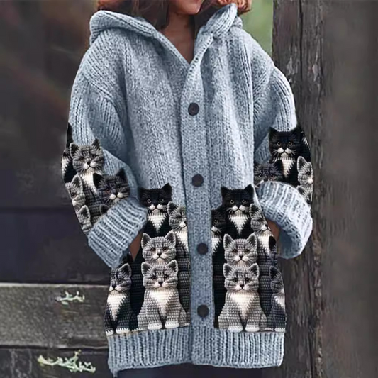 Cardigan Donna con Cappuccio Motivo Gatto - Brentozzi