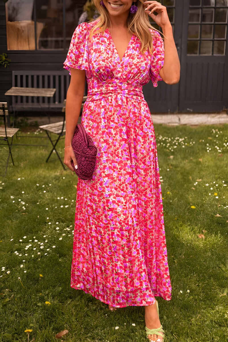 Abito Maxi Donna con Stampa Floreale Manica Corta