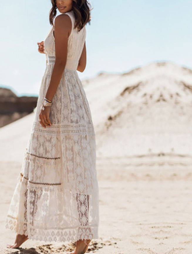 Abito Maxidress Donna Boho Scollo a V Pizzo