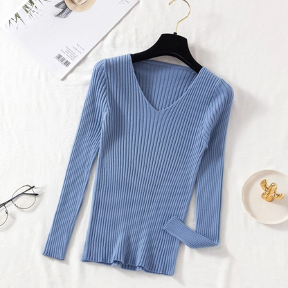 Maglione Donna Scollo a V Coste Vestibilità Slim