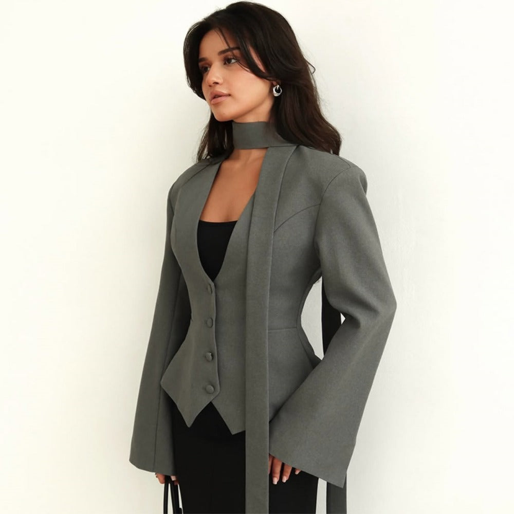 Blazer Donna Manica Lunga con Sciarpa Elegante