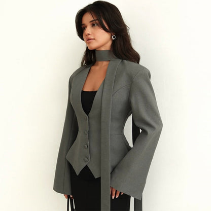 Blazer Donna Manica Lunga con Sciarpa Elegante