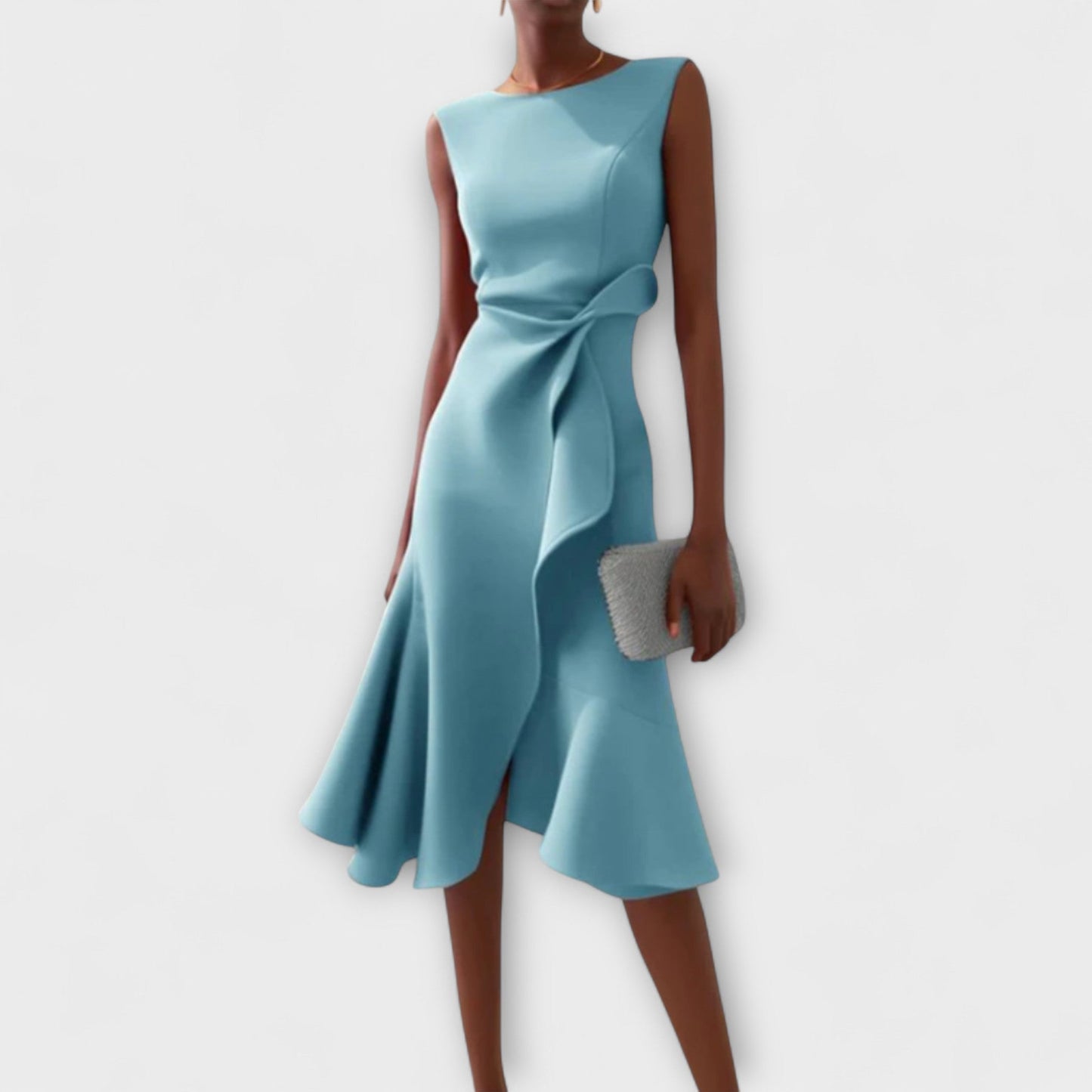Abito Midi Donna Elegante Senza Maniche con Ruches
