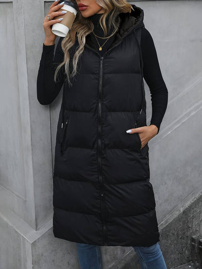 Gilet Lungo Donna con Cappuccio e Chiusura Zip