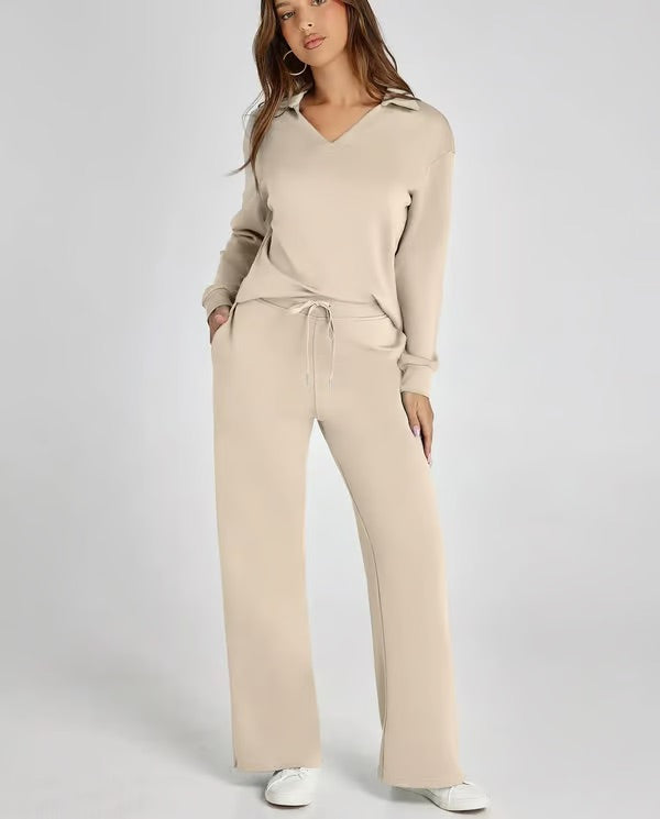Completo Donna Maglione Scollo a V e Pantaloni Larghi Comodo Autunno