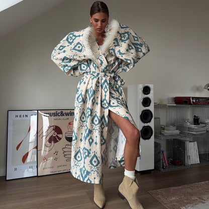 Kimono Maxicappotto Donna Stampa Leggera Manica a Piuma