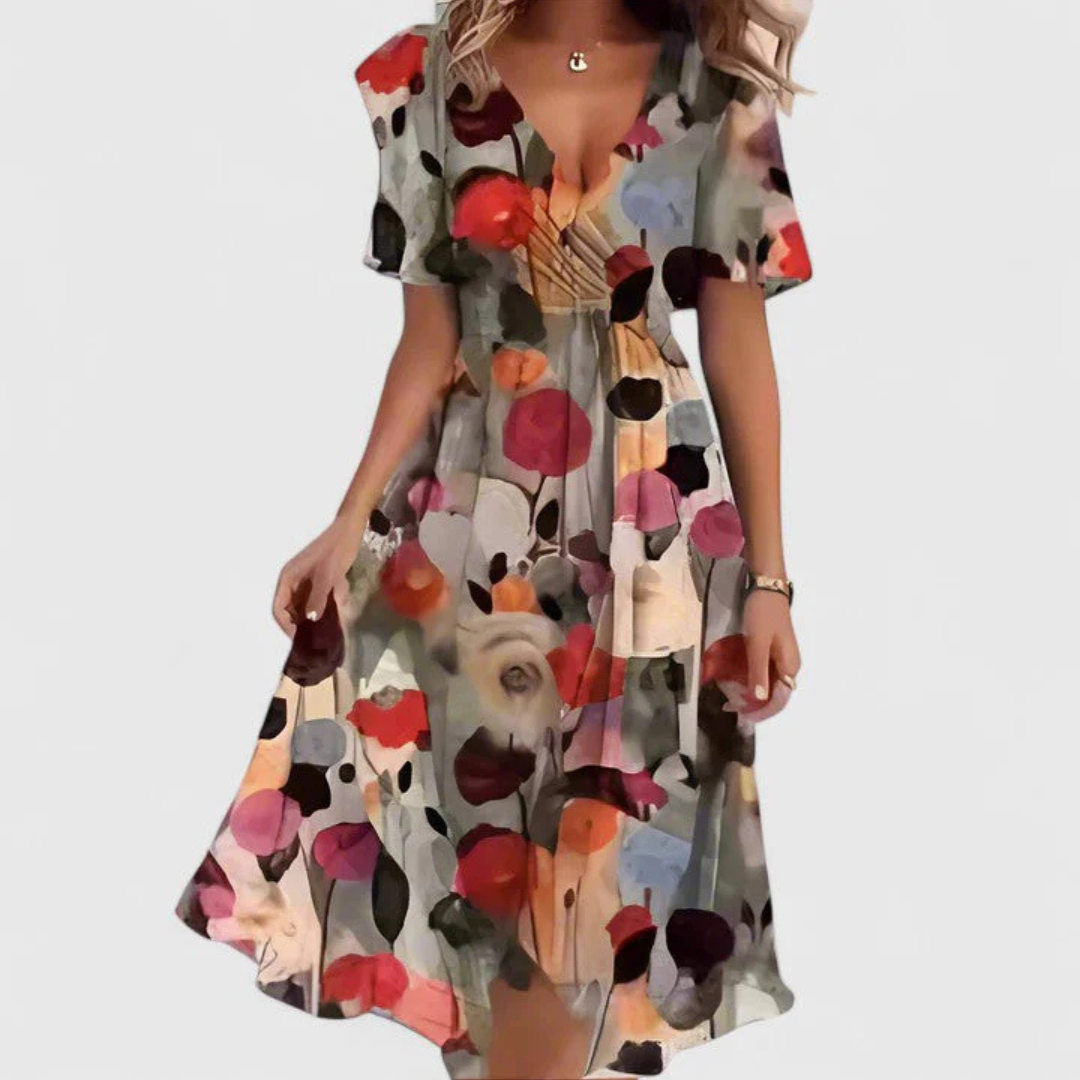 Abito Midi Donna con Scollo a V e Stampa Floreale