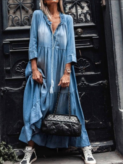 Abito Lungo Donna in Cotone Lavato Stile Casual