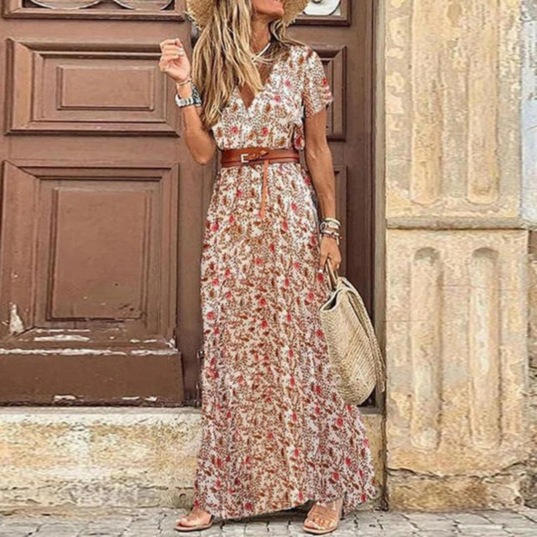 Abito Lungo Donna Stampa Floreale Scollo a V Boho - Brentozzi