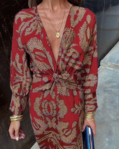 Abito Midi Donna Elegante con Motivo Floreale e Fiocco