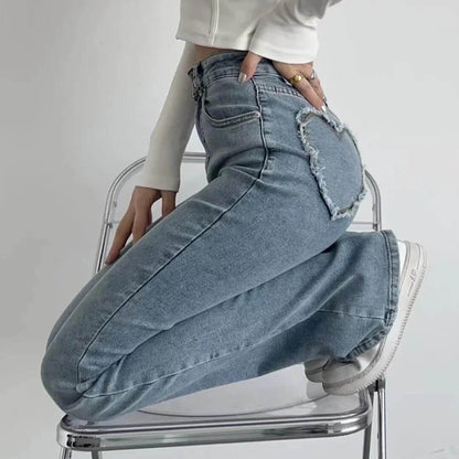Jeans Donna Vita Alta con Frange a Cuore Taglio Svasato