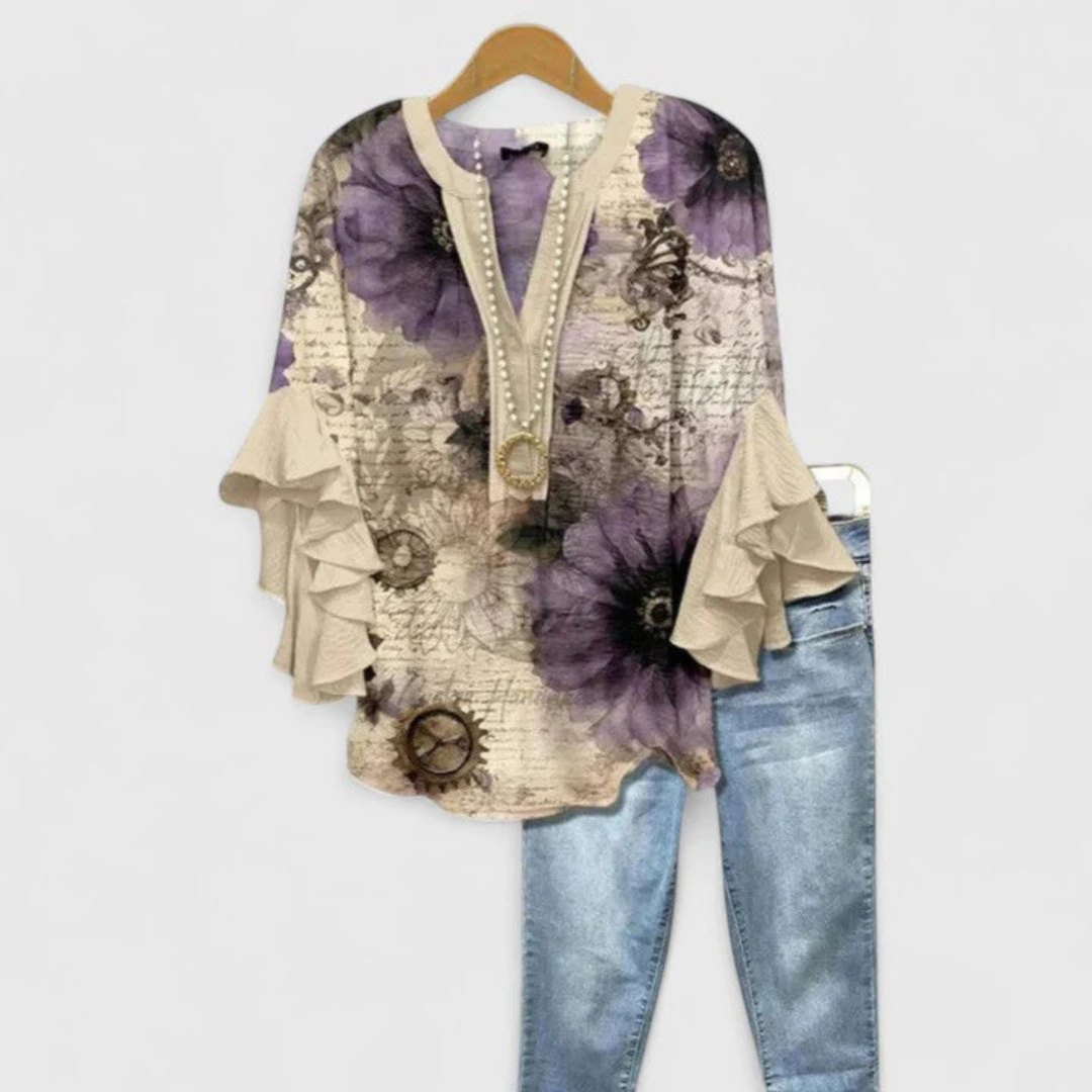Donna Casual con Stampa Floreale e Maniche a Volant